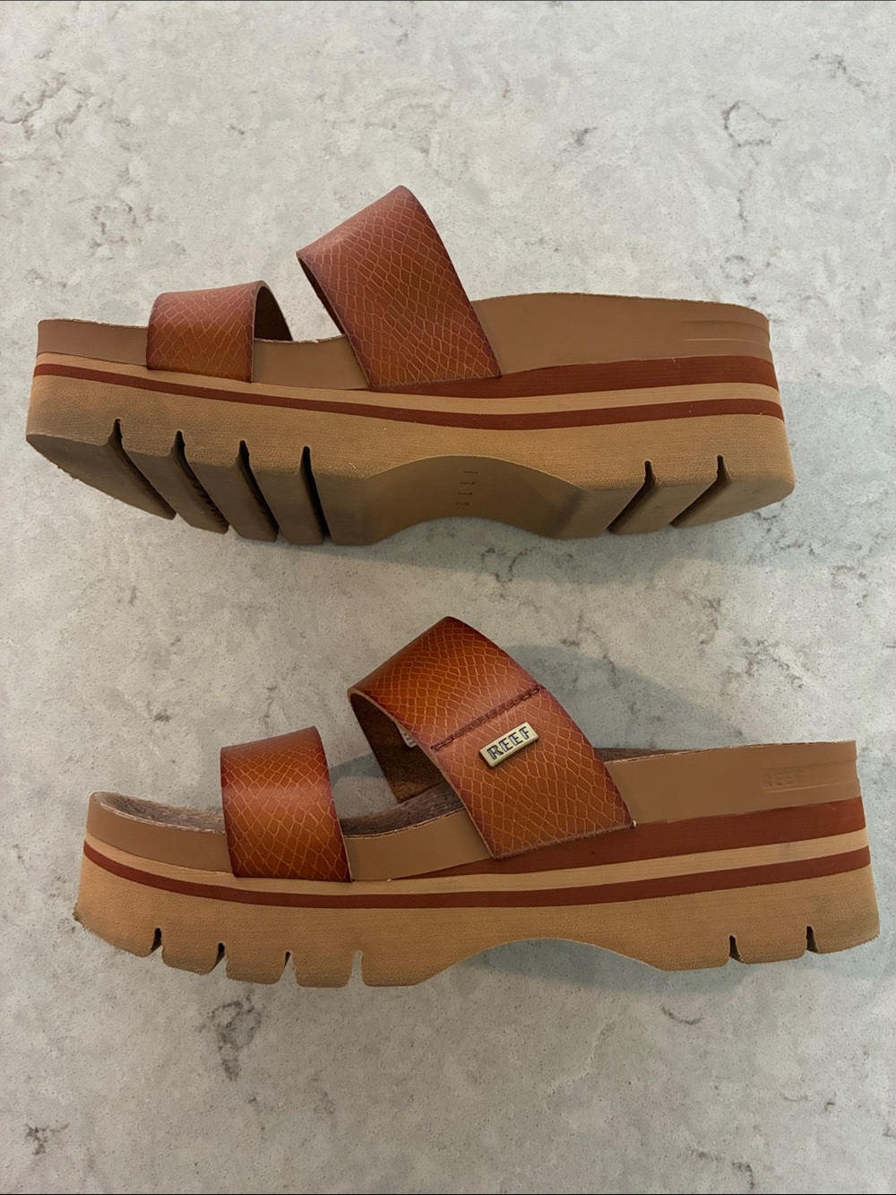 Reef Brown Leather Double-Strap Cork Slide Sandals - Picture 2 of 8